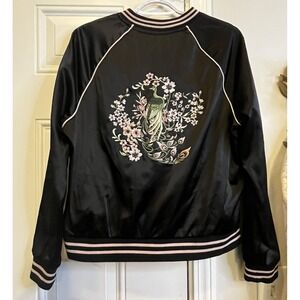 Black Satin Embroidered Peacock Cherry Blossom Bomber Jacket XL Ashley  Coquette